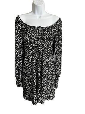 As U Wish black white floral long sleeve off the shoulder mini dress medium NWT